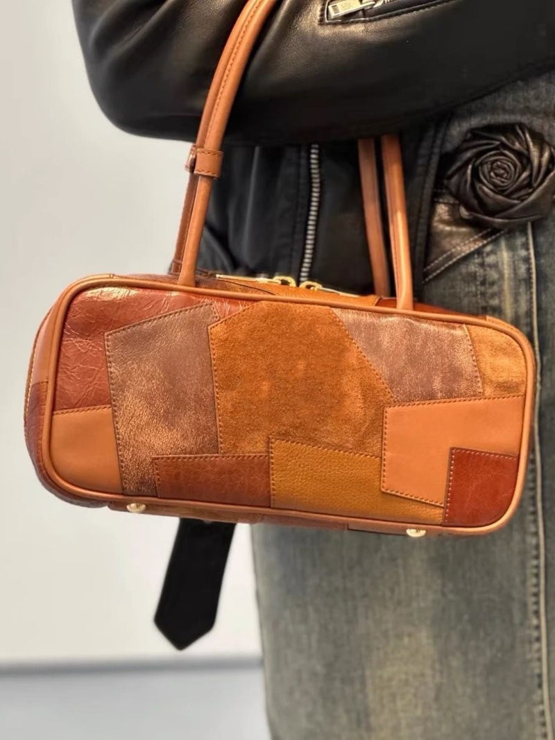 24 High Quality Padded Bag Series Boston Bowling Bag Coloring Stitching First Layer Cowhide Briefcase Shoulder Bag - Image 5