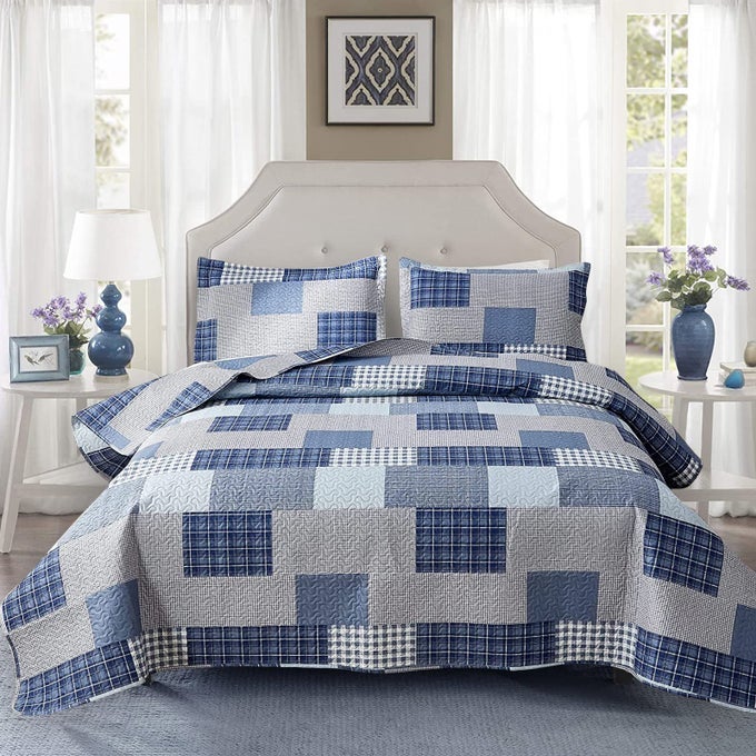 PLAID QUILT KING SIZE BLUE WHITE LIGHTWEIGHT PATCHWORK BEDSPREAD SOFT BREATHABLE CHECK QUILTS GINGHAM BEDDING CHECKER PATTERN COVERLET BED COVER SET GEOMETRIC HOME DECOR