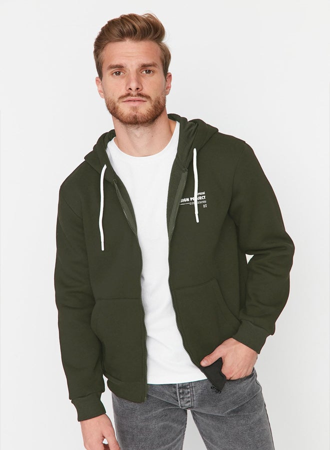 trendyol Khaki Regular/Normal Cut Hooded Slogan Printed Sweatshirt - Image 2