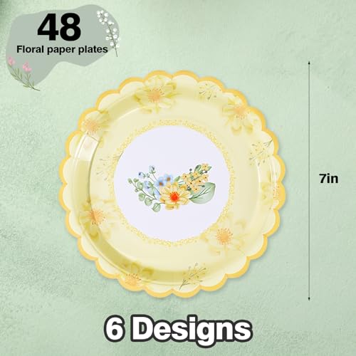 Tyzarglef 48 PCS Floral Paper Plates for Tea Party Decorations, 7 inch Disposable dessert plates for Bridal Shower, Garden, Wedding, Mother's Day Afternoon Tea Party - Image 2