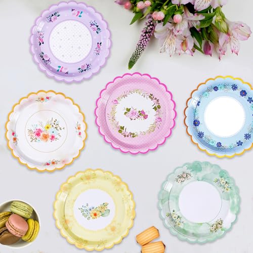 Tyzarglef 48 PCS Floral Paper Plates for Tea Party Decorations, 7 inch Disposable dessert plates for Bridal Shower, Garden, Wedding, Mother's Day Afternoon Tea Party - Image 1