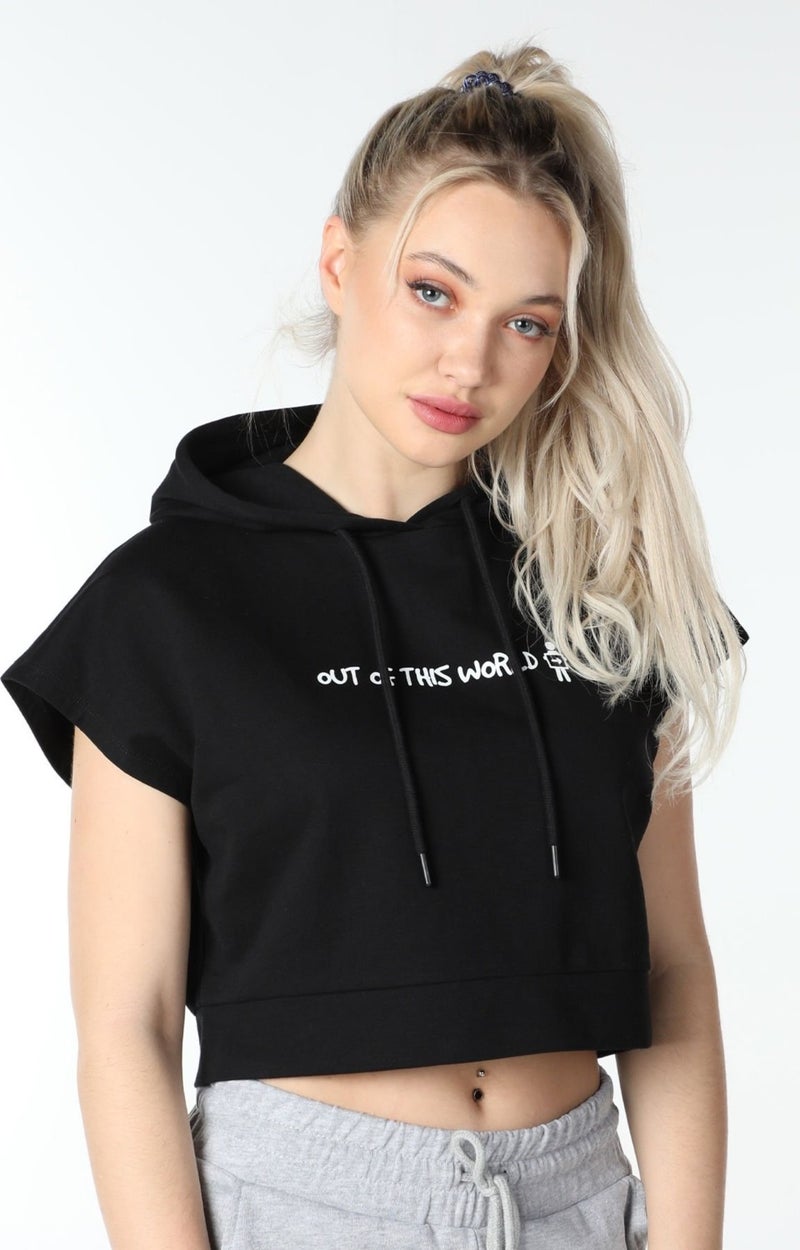 Defy's Women's Printed Hooded Crop Sweat Black  - Image 2