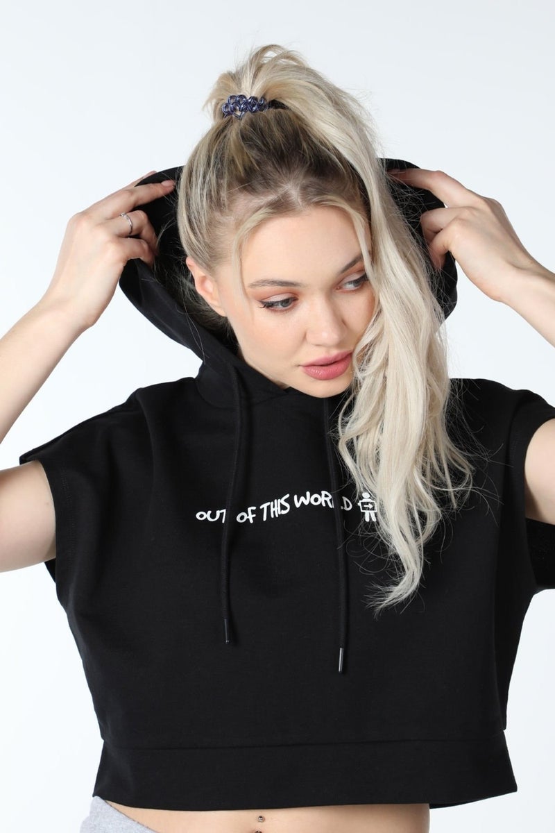 Defy's Women's Printed Hooded Crop Sweat Black  - Image 5