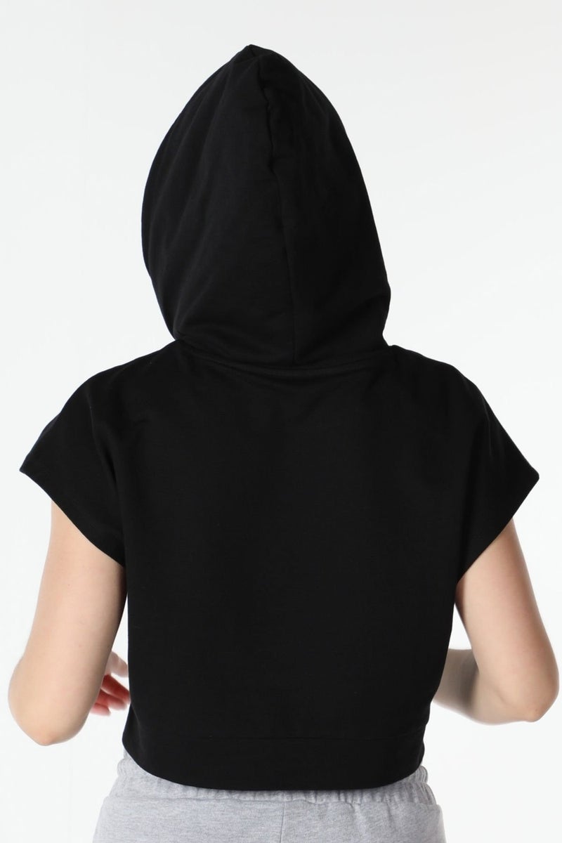 Defy's Women's Printed Hooded Crop Sweat Black  - Image 4