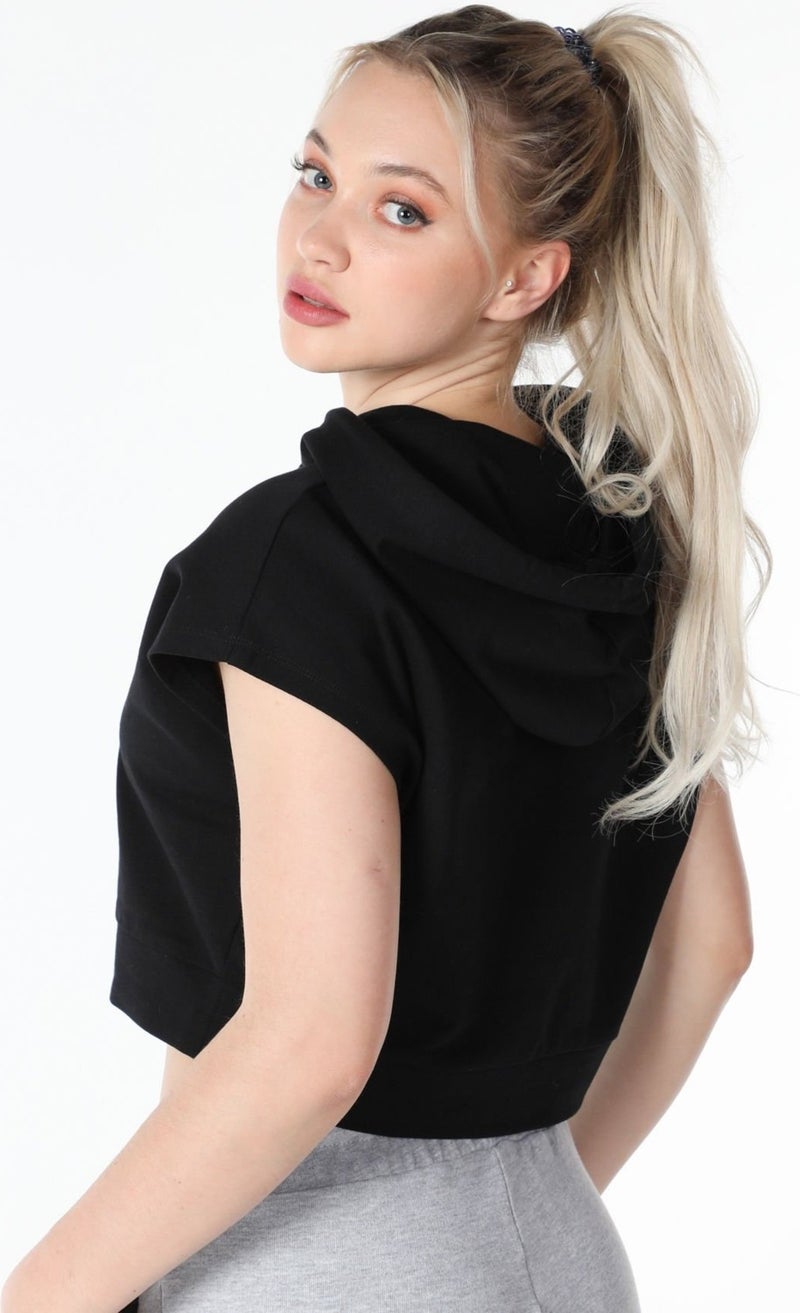 Defy's Women's Printed Hooded Crop Sweat Black  - Image 1