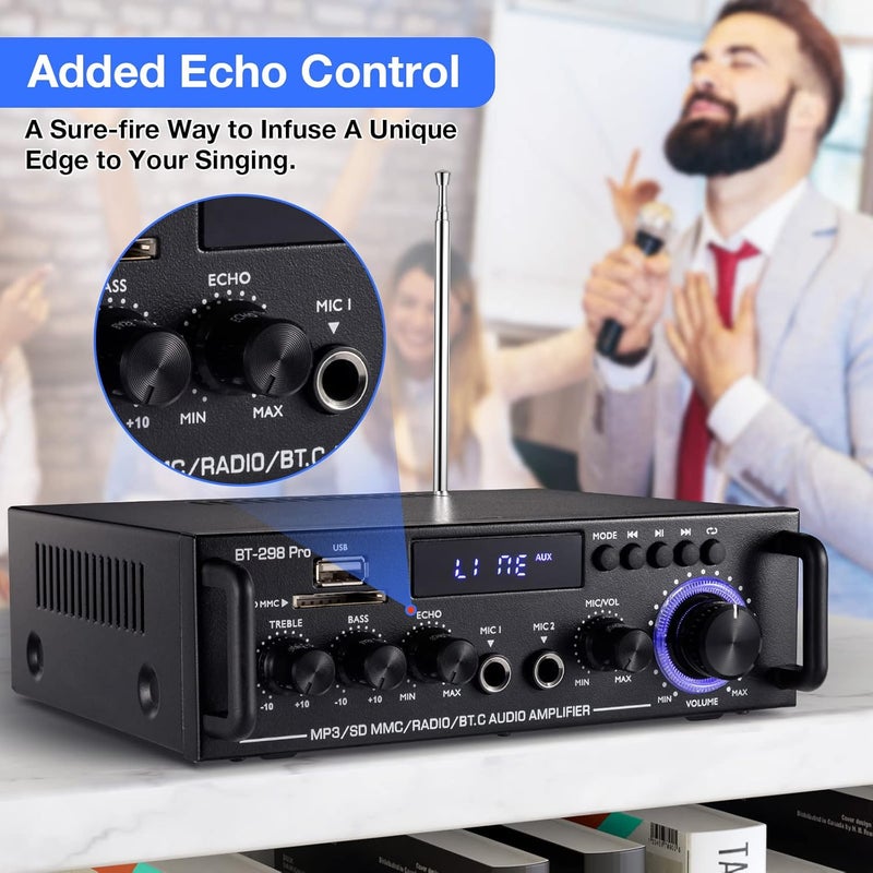 Facmogu مضخم صوت منزلي برو BT-298، جهاز استقبال بلوتوث 5.0، جهاز استقبال ستيريو منزلي، أقصى 400Wx2 RMS 50Wx2 نظام صوت HiFi، مدخل ميكروفون مع صدى، جهير وطبول مع USB/RCA/FM - Image 5