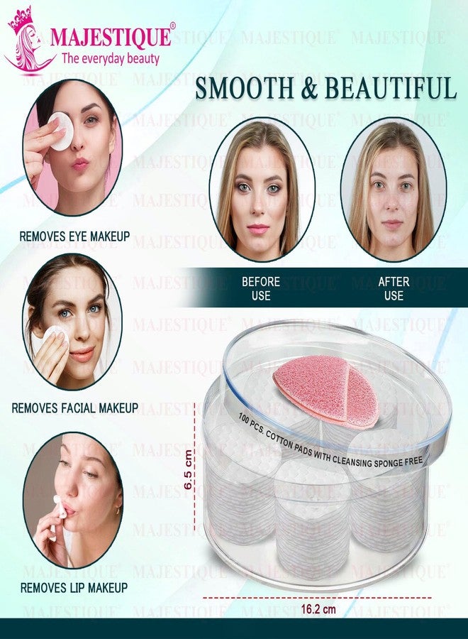 Majestique Makeup Cotton Pads, Facial Eye Makeup Remover Pads, Natural Premium Round Cotton Puff, Double-Side Save Water Soft Gentle Makeup Tools with Free Reusable Face Sponge (101 Pcs) - Image 2