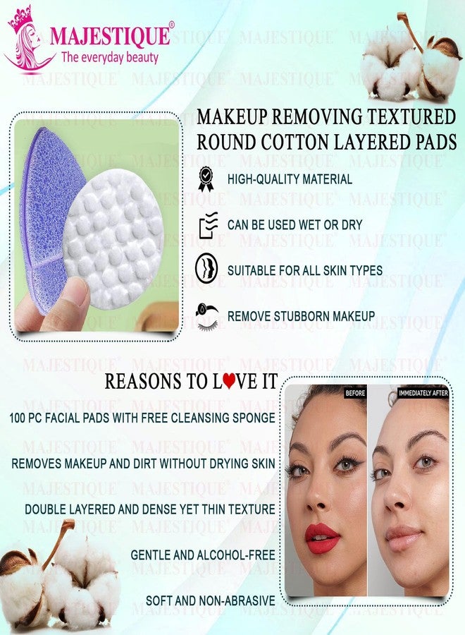 Majestique Makeup Cotton Pads, Facial Eye Makeup Remover Pads, Natural Premium Round Cotton Puff, Double-Side Save Water Soft Gentle Makeup Tools with Free Reusable Face Sponge (101 Pcs) - Image 3