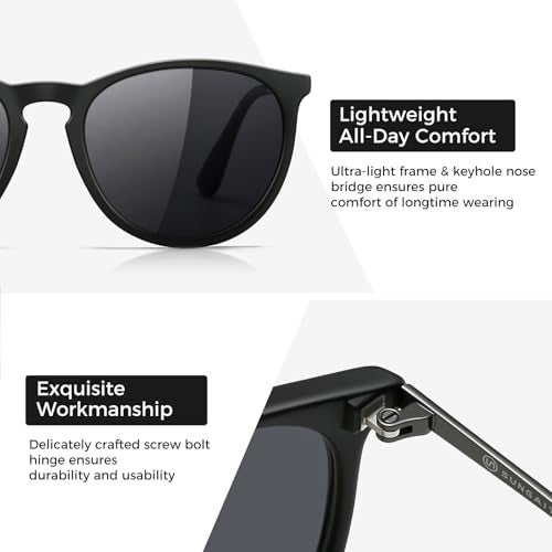 SUNGAIT Premium Vintage Round Sunglasses for Women Men Classic Retro Trendy Style (Black Frame(Matte Finish)/Polarized Grey Lens) 1567 PGHKH - Image 3
