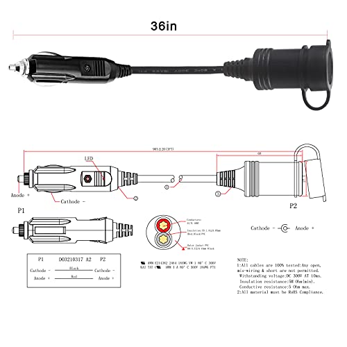 SPARKING سلك تمديد ولاعة سجائر 12 فولت بطول 3 أقدام - شاحن سيارة موصل ولاعة سجائر ذكر إلى مقبس أنثى 18AWG سلك تمديد ثقيل مع أضواء LED لمضخة الهواء وضاغط الإطارات 15A - Image 2