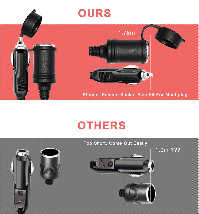 SPARKING سلك تمديد ولاعة سجائر 12 فولت بطول 3 أقدام - شاحن سيارة موصل ولاعة سجائر ذكر إلى مقبس أنثى 18AWG سلك تمديد ثقيل مع أضواء LED لمضخة الهواء وضاغط الإطارات 15A - Image 5