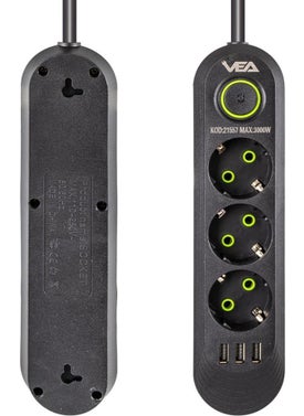 VEA VA-21557 3 x USB 3-Plus 1.5 Meter Surge Protected Socket Black  - Image 2