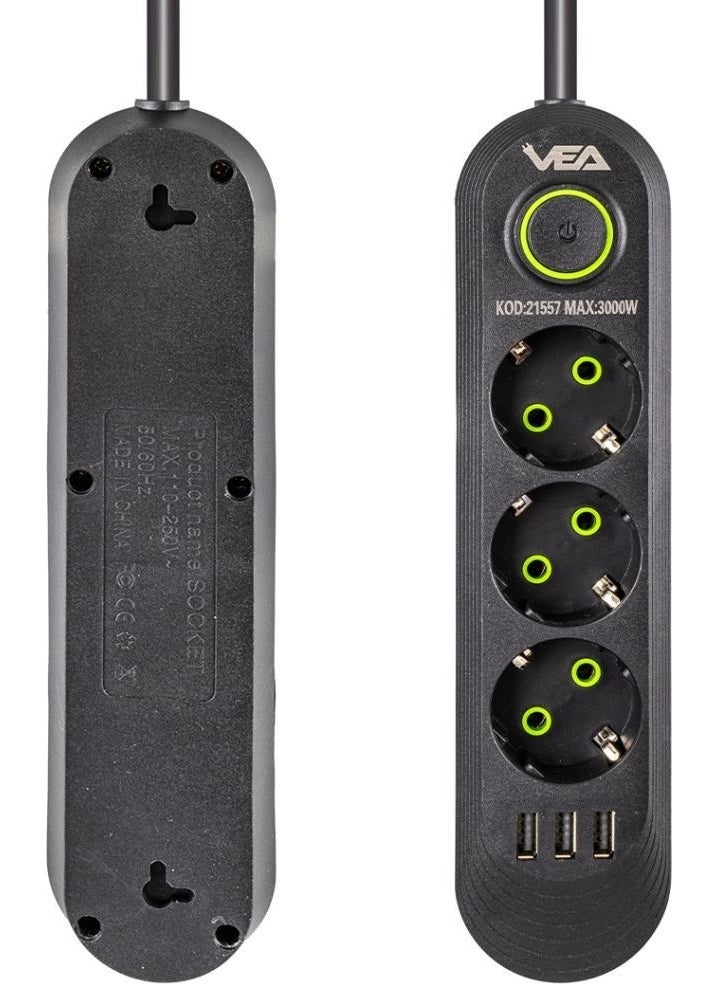 VEA - VA-21557 3 x USB 3-Plus 1.5 Meter Surge Protected Socket Black - Image 1