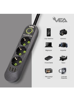 VEA VA-21557 3 x USB 3-Plus 1.5 Meter Surge Protected Socket Black  - Image 5