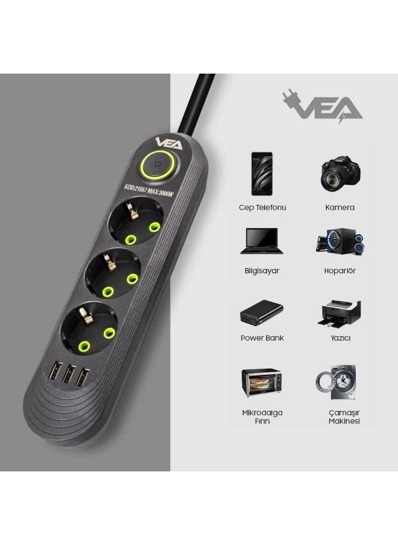 VEA - VA-21557 3 x USB 3-Plus 1.5 Meter Surge Protected Socket Black - Image 1