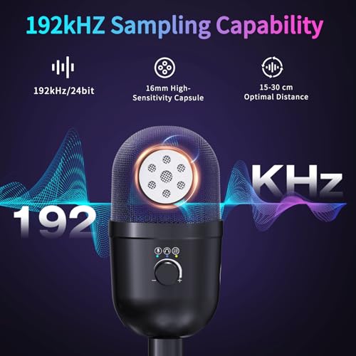 LRUFOB USB Gaming Condenser Microphone for PC/Desktop,192kHz/24Bit,Noise Cancellation,Monitoring,Quick Mute & RGB Lighting,USB PC Mic for Laptop,Podcast,Streaming,Recording Black - Image 3