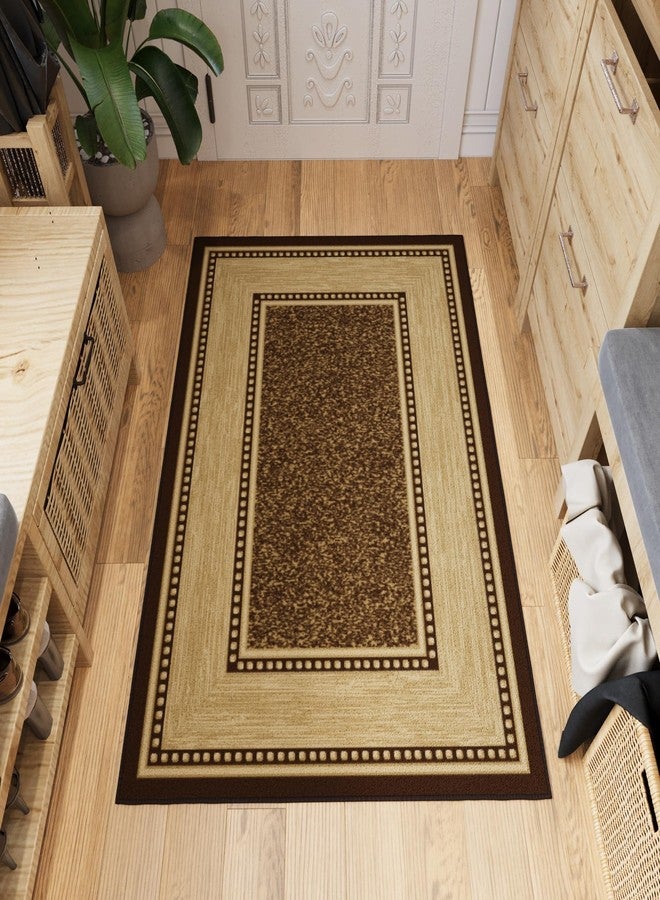 Ottomanson 3'3" x 5' Rugs for Living Room Border Area Rug for Bedroom - Non Slip Durable Large Floor Carpet for High Traffic Areas - Indoor Rug for Dining Room Kitchen Kids Playroom, Brown - Image 1
