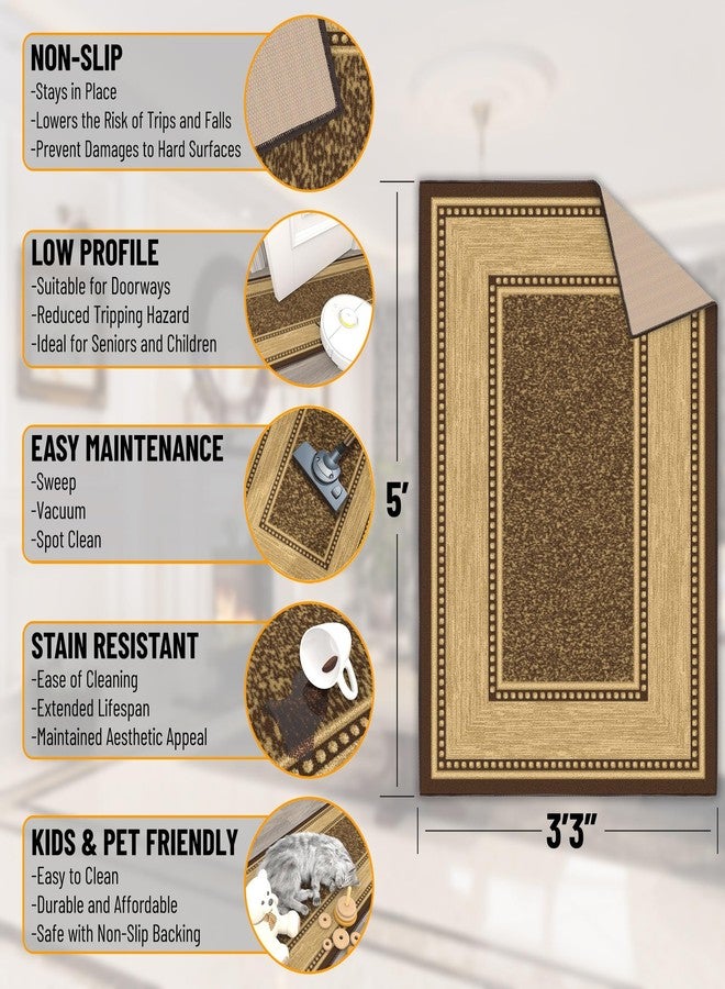 Ottomanson 3'3" x 5' Rugs for Living Room Border Area Rug for Bedroom - Non Slip Durable Large Floor Carpet for High Traffic Areas - Indoor Rug for Dining Room Kitchen Kids Playroom, Brown - Image 2