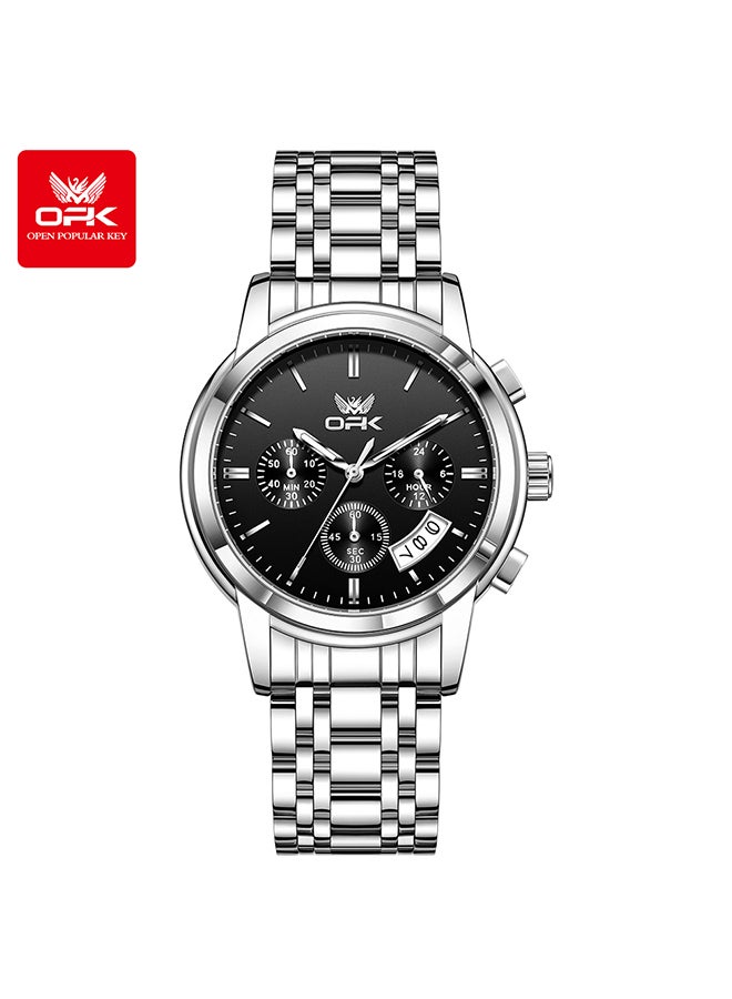 او بي كي ساعة رجالية OPK ثلاثية العيون متعددة الوظائف للأعمال كوارتز تقويم واحد حزام فولاذي مضيء مقاوم للماء 6051 - Image 1
