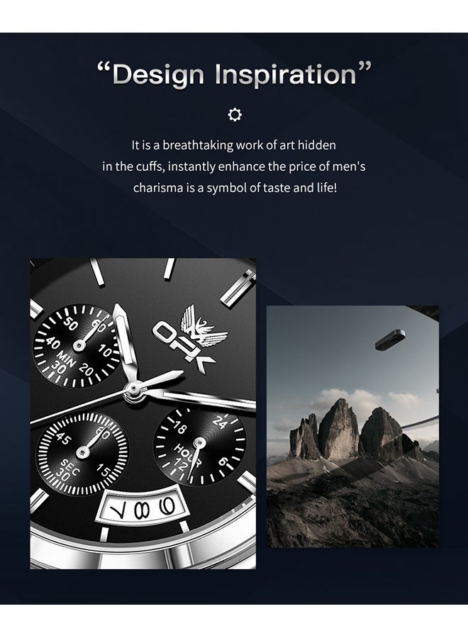 او بي كي ساعة رجالية OPK ثلاثية العيون متعددة الوظائف للأعمال كوارتز تقويم واحد حزام فولاذي مضيء مقاوم للماء 6051 - Image 2