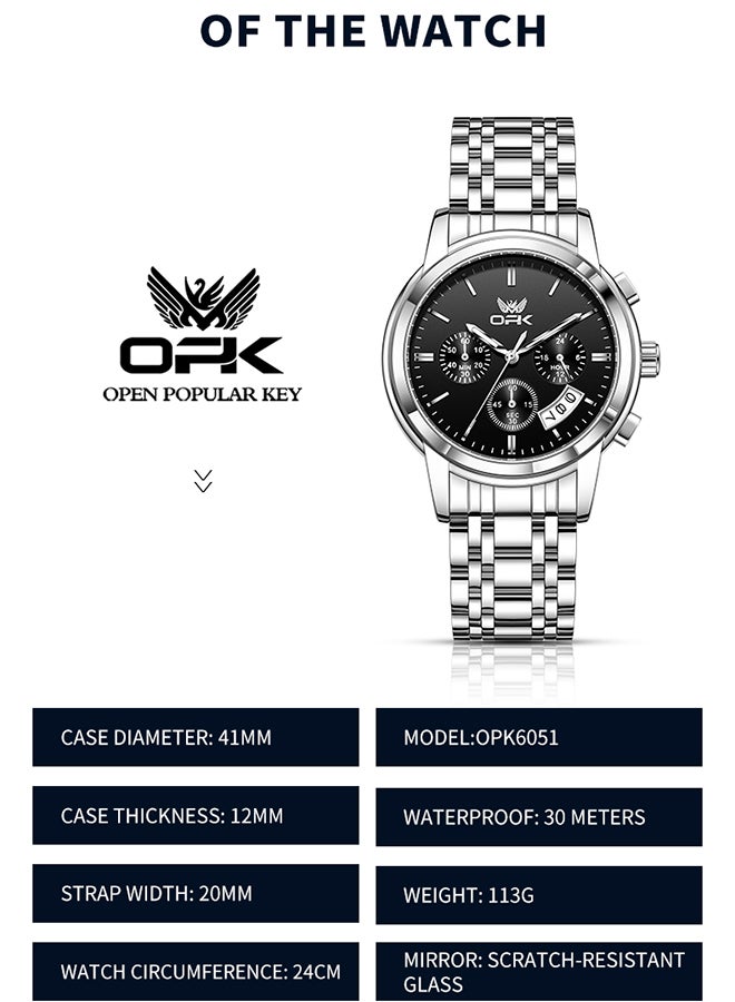 او بي كي ساعة رجالية OPK ثلاثية العيون متعددة الوظائف للأعمال كوارتز تقويم واحد حزام فولاذي مضيء مقاوم للماء 6051 - Image 4