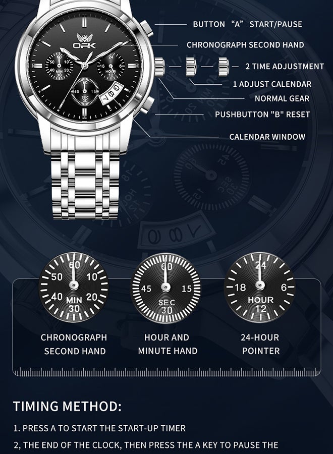 او بي كي ساعة رجالية OPK ثلاثية العيون متعددة الوظائف للأعمال كوارتز تقويم واحد حزام فولاذي مضيء مقاوم للماء 6051 - Image 3