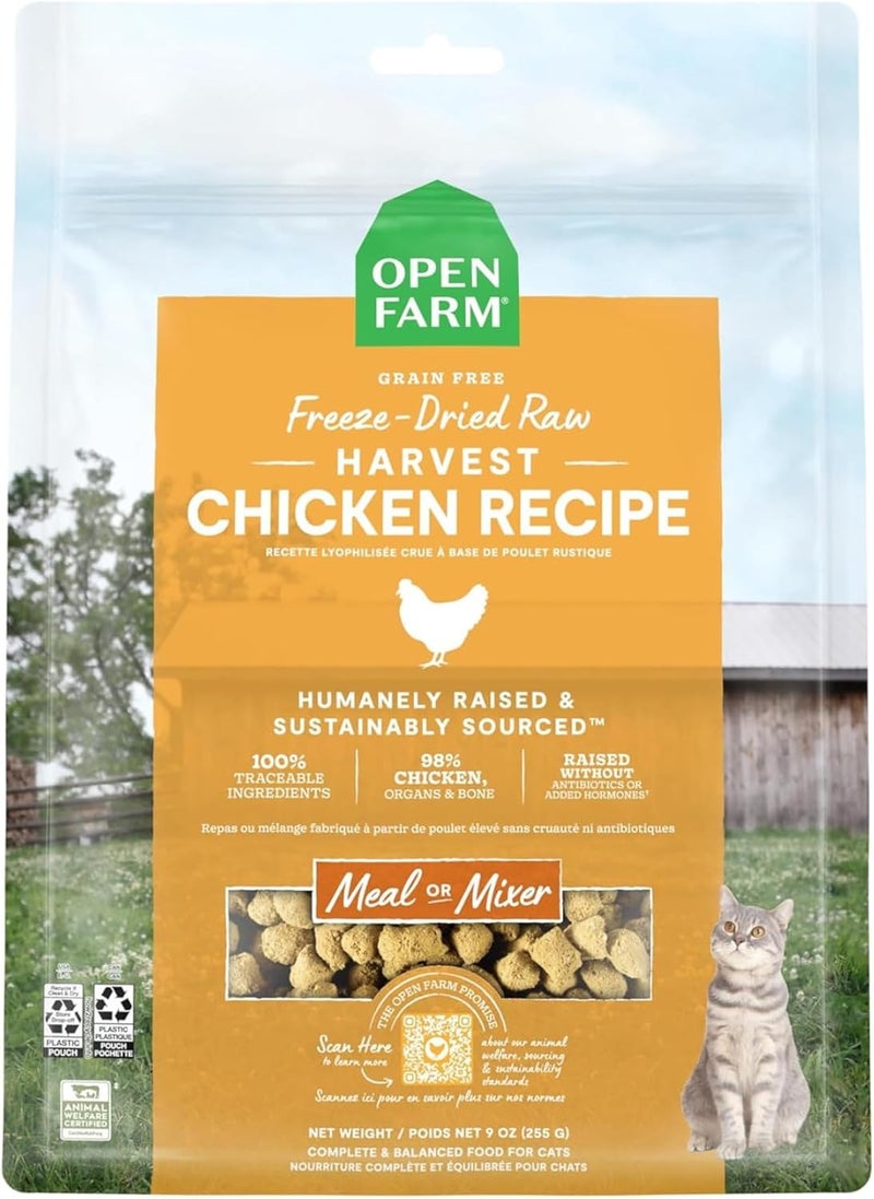 Open Farm, Freeze Dried Raw Cat Food, Complete Meal Morsels or Cat Treats with 92% Meat, Organs & Bone, Harvest Chicken Recipe, 9oz Bag - Image 1