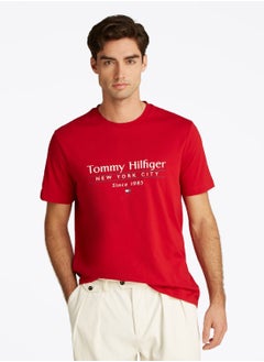 TOMMY HILFIGER Men's Logo Crew Neck T-Shirt - Cotton, Red 