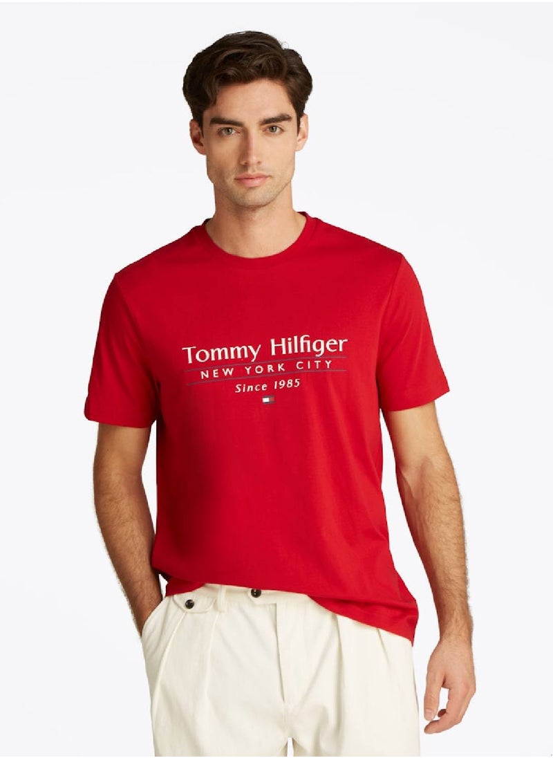 TOMMY HILFIGER Men's Logo Crew Neck T-Shirt - Cotton, Red 