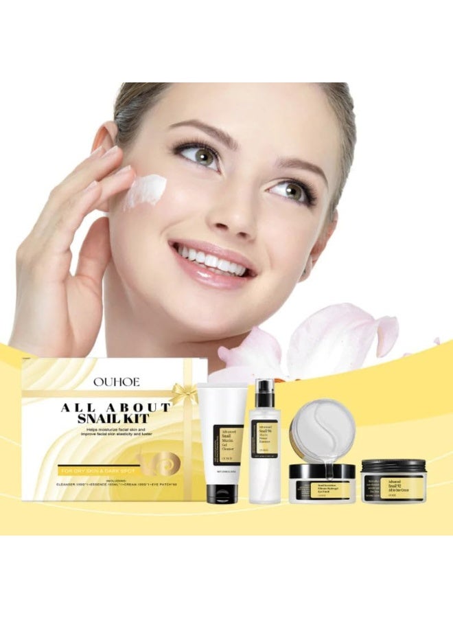 OUHOE All About Snail Kit, 4 Pcs Snail Mucin Skincare Set for Women, Mini Travel Size Set with Cleansing Gel, Essence Serum, Moisturizer Cream and Eye Patch, Korean Snail Skincare Set - Image 4