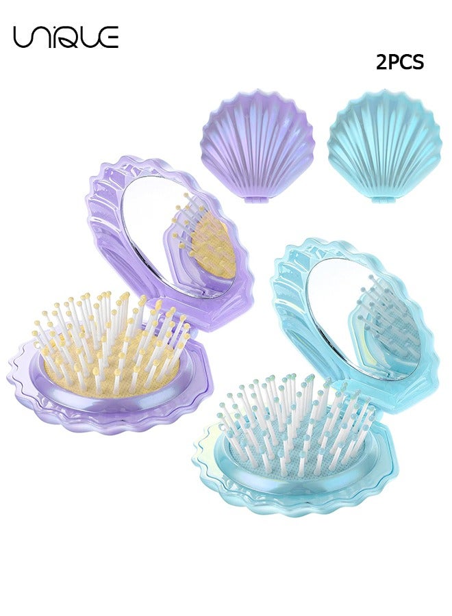 Unique 2 Pcs Mini Hair Brush - Shell Shape Folding Massage Brush - Travel Hairbrush with Mirror - Portable Folding Pocket Hairbrush - Purple/Blue - Image 1