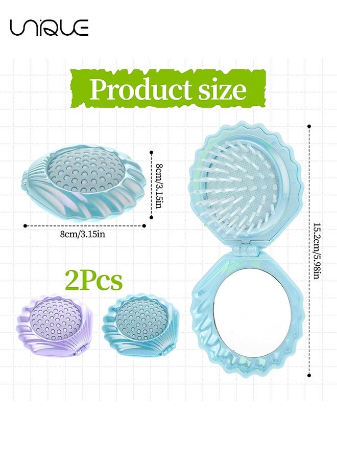 Unique 2 Pcs Mini Hair Brush - Shell Shape Folding Massage Brush - Travel Hairbrush with Mirror - Portable Folding Pocket Hairbrush - Purple/Blue - Image 2