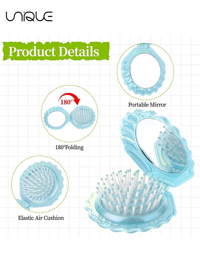 Unique 2 Pcs Mini Hair Brush - Shell Shape Folding Massage Brush - Travel Hairbrush with Mirror - Portable Folding Pocket Hairbrush - Purple/Blue - Image 3