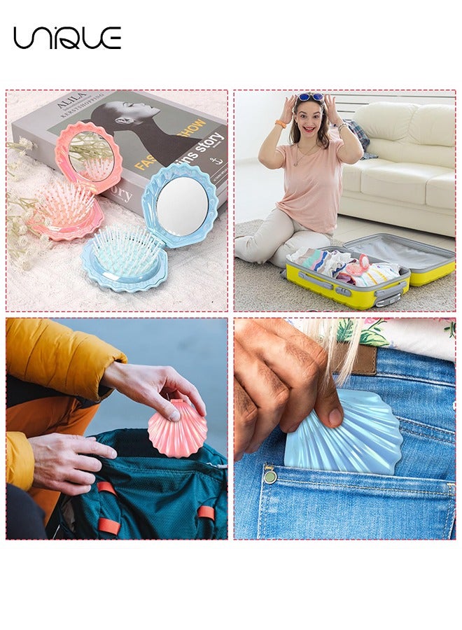Unique 2 Pcs Mini Hair Brush - Shell Shape Folding Massage Brush - Travel Hairbrush with Mirror - Portable Folding Pocket Hairbrush - Purple/Blue - Image 5