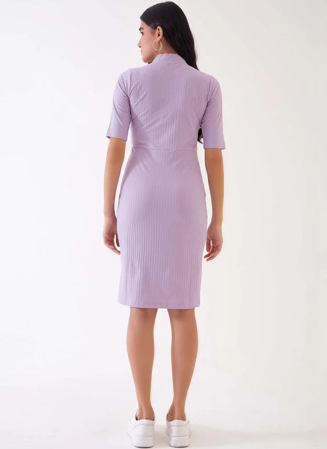 Salt Attire  SALT ATTIRE Lavender Crepe Bodycon Dress with V-Neck and Short Sleeves for Women | Best Price UAE