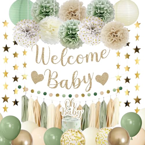 Amandir Baby Shower Decorations Sage Green Balloons Welcome Baby Banner, Cake Topper, Paper Lanterns, Pom Poms Flowers Tassels, Circle Dots Star Garland, Neutral Gender Reveal Birthday Party Supplies - Image 1