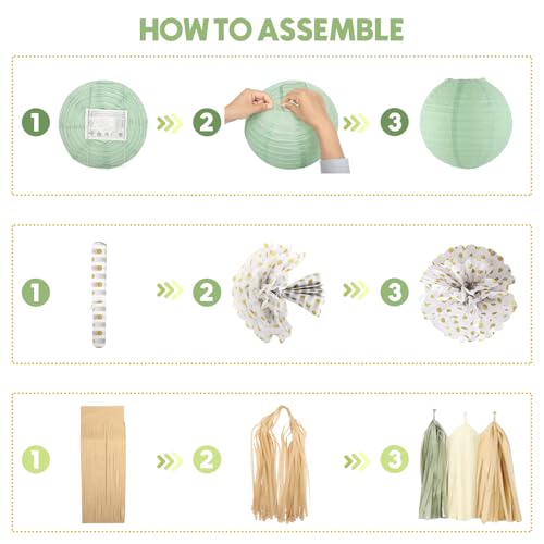 Amandir Baby Shower Decorations Sage Green Balloons Welcome Baby Banner, Cake Topper, Paper Lanterns, Pom Poms Flowers Tassels, Circle Dots Star Garland, Neutral Gender Reveal Birthday Party Supplies - Image 4