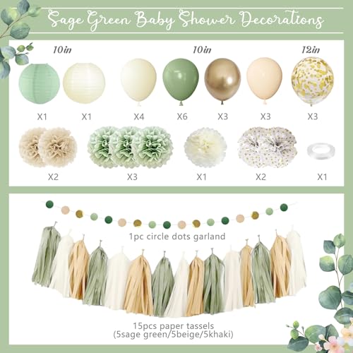 Amandir Baby Shower Decorations Sage Green Balloons Welcome Baby Banner, Cake Topper, Paper Lanterns, Pom Poms Flowers Tassels, Circle Dots Star Garland, Neutral Gender Reveal Birthday Party Supplies - Image 2