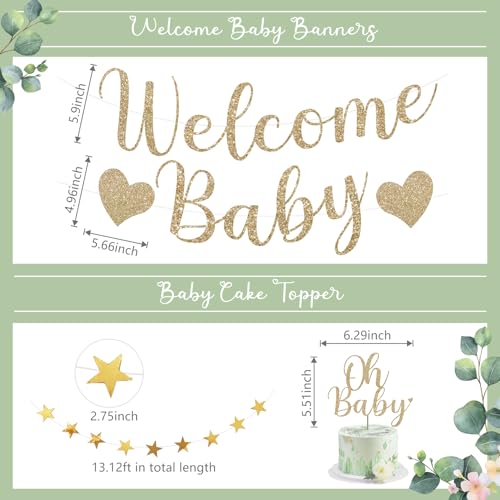 Amandir Baby Shower Decorations Sage Green Balloons Welcome Baby Banner, Cake Topper, Paper Lanterns, Pom Poms Flowers Tassels, Circle Dots Star Garland, Neutral Gender Reveal Birthday Party Supplies - Image 3