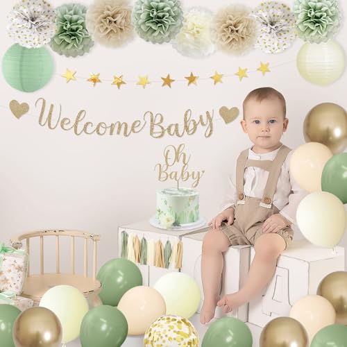 Amandir Baby Shower Decorations Sage Green Balloons Welcome Baby Banner, Cake Topper, Paper Lanterns, Pom Poms Flowers Tassels, Circle Dots Star Garland, Neutral Gender Reveal Birthday Party Supplies - Image 5