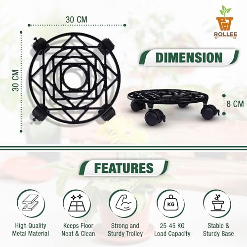 Sharpex Pack of 2 Metal Caddy Iron Dolly on Round Rack with Pre-Installed Wheels – Rustproof, Sturdy Plant Stand/trolley for Indoor/outdoor (Black) - Image 2