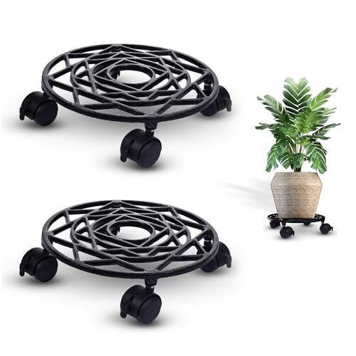 Sharpex Pack of 2 Metal Caddy Iron Dolly on Round Rack with Pre-Installed Wheels – Rustproof, Sturdy Plant Stand/trolley for Indoor/outdoor (Black) - Image 1