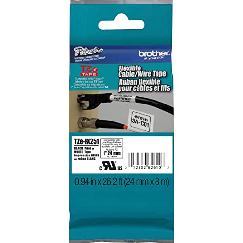 Brother Genuine P-touch TZE-FX251 Tape, 1" (0.94") Wide Flexible-ID Laminated Tape, Black on White, Best Suited for Wire Wrapping and Flagging, Water-Resistant, 0.94" x 26.2' (24mm x 8M), TZEFX251 - Image 1
