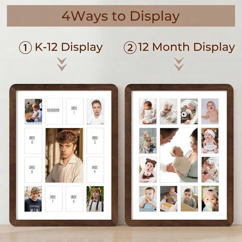 FLYJOE 12x16 Solid Wood Picture Frame,School Years Picture Frame K-12 Day Graduation Photo Collage,Displays One 5x7 Photo and Twelve 2.5x3.5 Pictures,Hanging Hardware Included,Walnut - Image 3