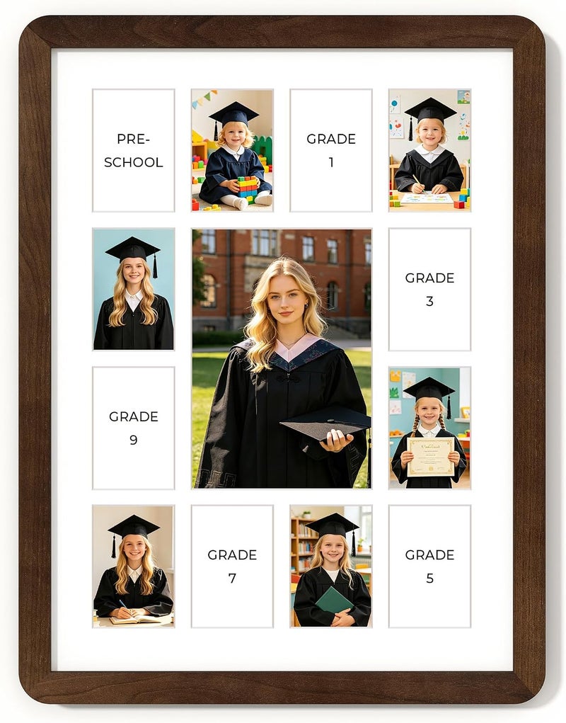 FLYJOE 12x16 Solid Wood Picture Frame,School Years Picture Frame K-12 Day Graduation Photo Collage,Displays One 5x7 Photo and Twelve 2.5x3.5 Pictures,Hanging Hardware Included,Walnut - Image 1