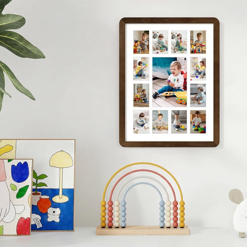 FLYJOE 12x16 Solid Wood Picture Frame,School Years Picture Frame K-12 Day Graduation Photo Collage,Displays One 5x7 Photo and Twelve 2.5x3.5 Pictures,Hanging Hardware Included,Walnut - Image 2