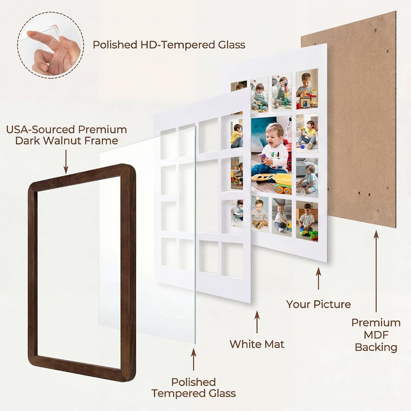 FLYJOE 12x16 Solid Wood Picture Frame,School Years Picture Frame K-12 Day Graduation Photo Collage,Displays One 5x7 Photo and Twelve 2.5x3.5 Pictures,Hanging Hardware Included,Walnut - Image 5