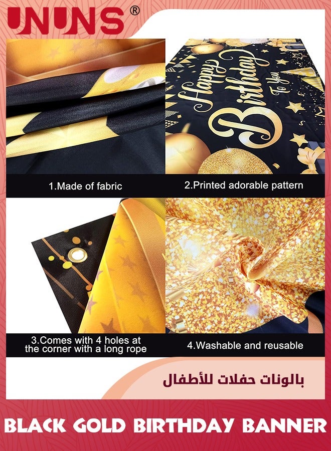 UNUNS Kids Party Banners,Black Gold Birthday Banner,Happy Birthday To You,Photo Backdrop Cloth,Balloon Star Poster Wall,Booth Backdrop Decor,Party Decorations For Kids Girls Boys Wowen Men,185x110cm - Image 4
