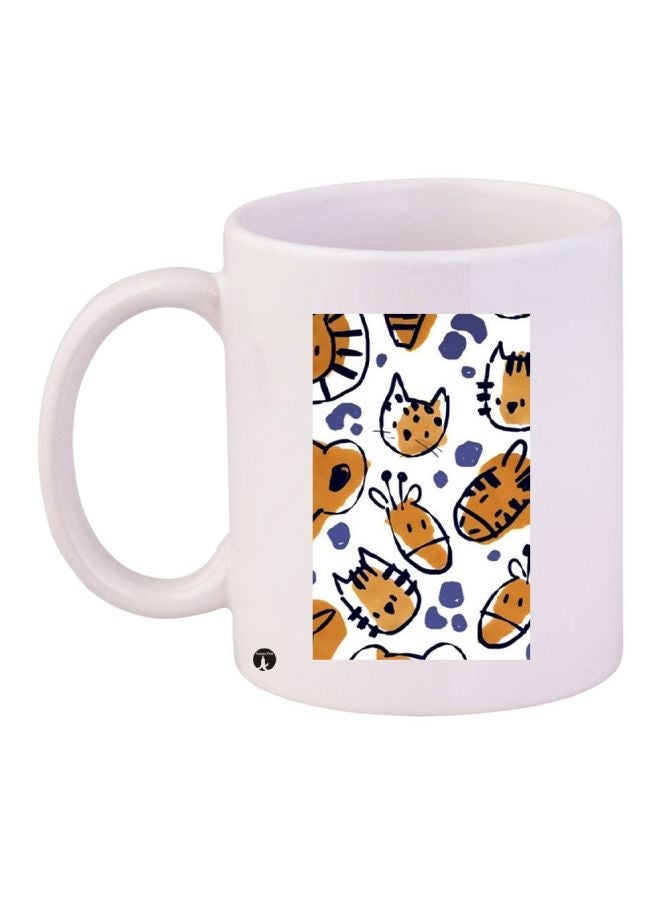 RYN Cat Printed Coffee Mug White/Blue/Yellow 11ounce
