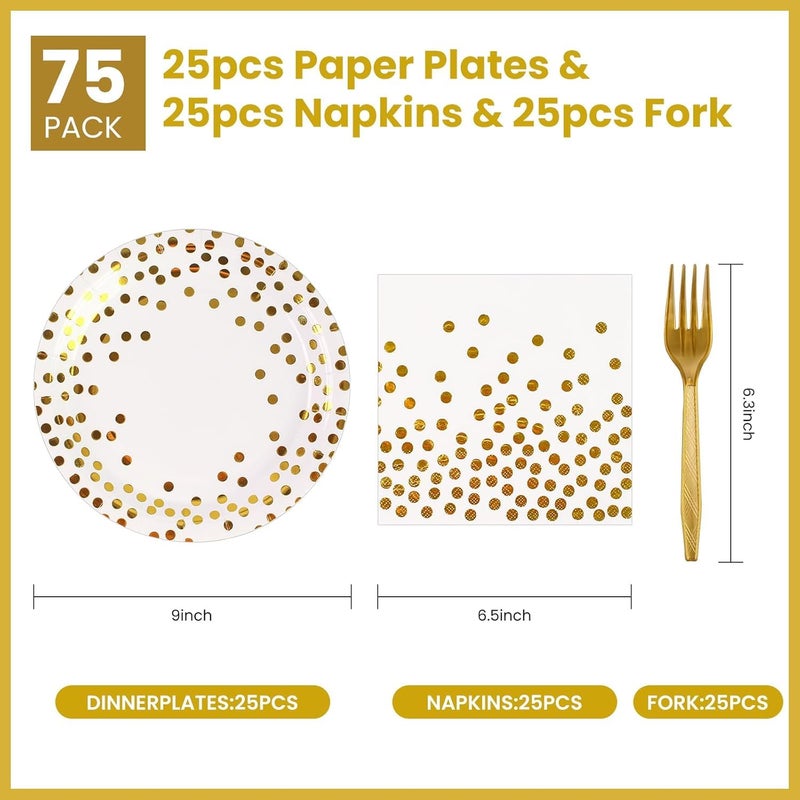 BOKFJBP 75 قطعة أطباق ورقية مزينة بنقاط ذهبية بيضاء لوازم مناديل أطباق ورقية قابلة للتصرف لأدوات المائدة في الحفلات 7 إنش أطباق 6.5 إنش مناديل 6.3 إنش شوك بلاستيكية لأدوات المائدة لتزيين حفلات عيد الميلاد وحفلات الزفاف - 25 ضيفًا - Image 2